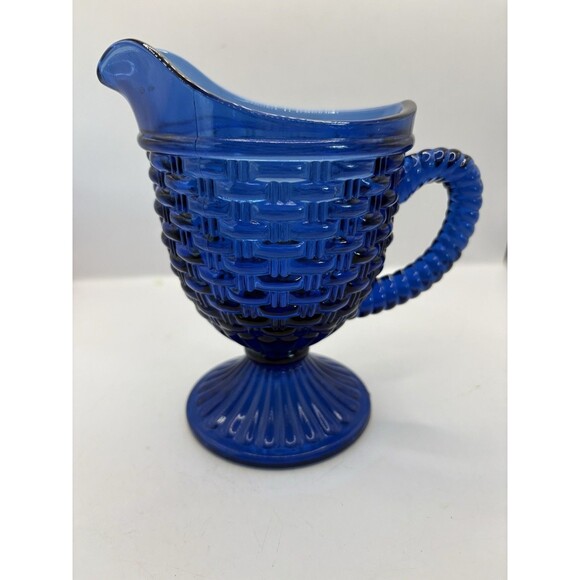 Imperial Glass Cobalt Blue Basket Weave Creamer Pitcher 5.5” - Picture 2 of 7